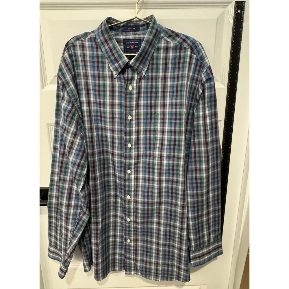 SADDLEBRED Men's Big & Tall Long Sleeve Plaid Shirt Jacket Blue Green 2XLT Large